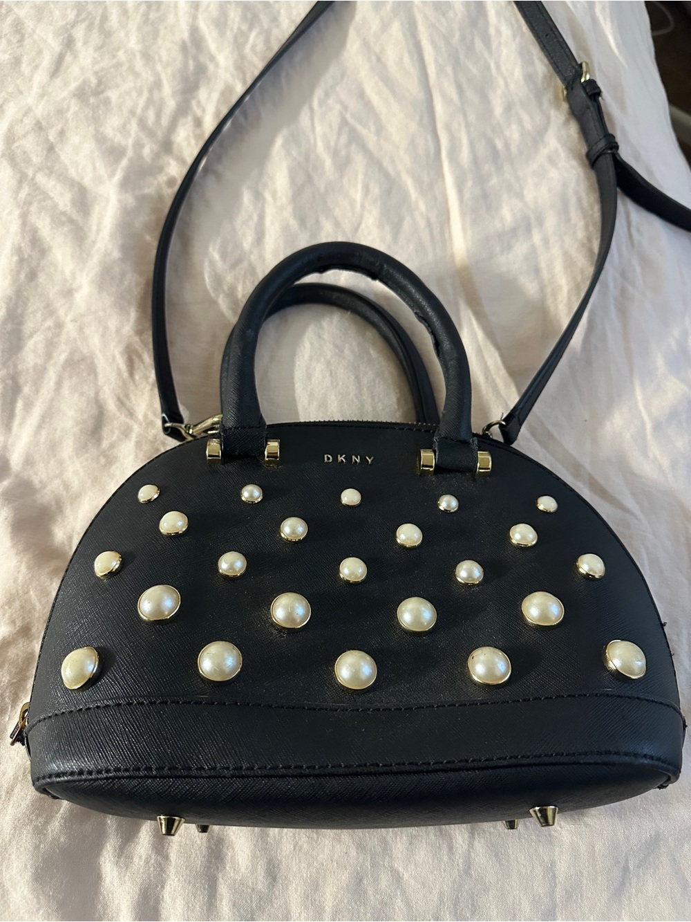 DKNY Black Mini Dome Satchel with Pearl Studs